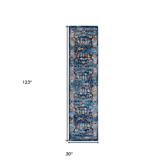 10' Blue and Orange Oriental Power Loom Runner Rug