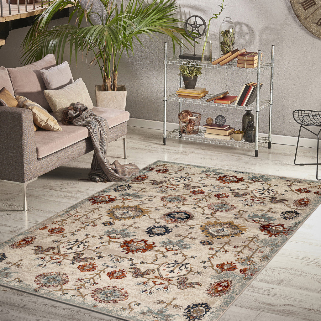 5' x 8' Beige and Orange Oriental Power Loom Area Rug