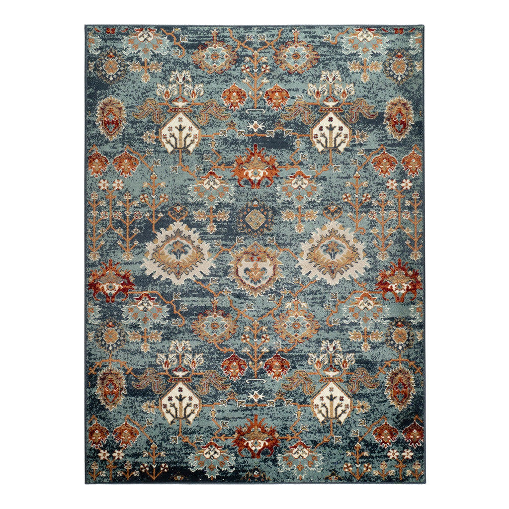5' x 7' Teal Blue Oriental Power Loom Area Rug With Fringe