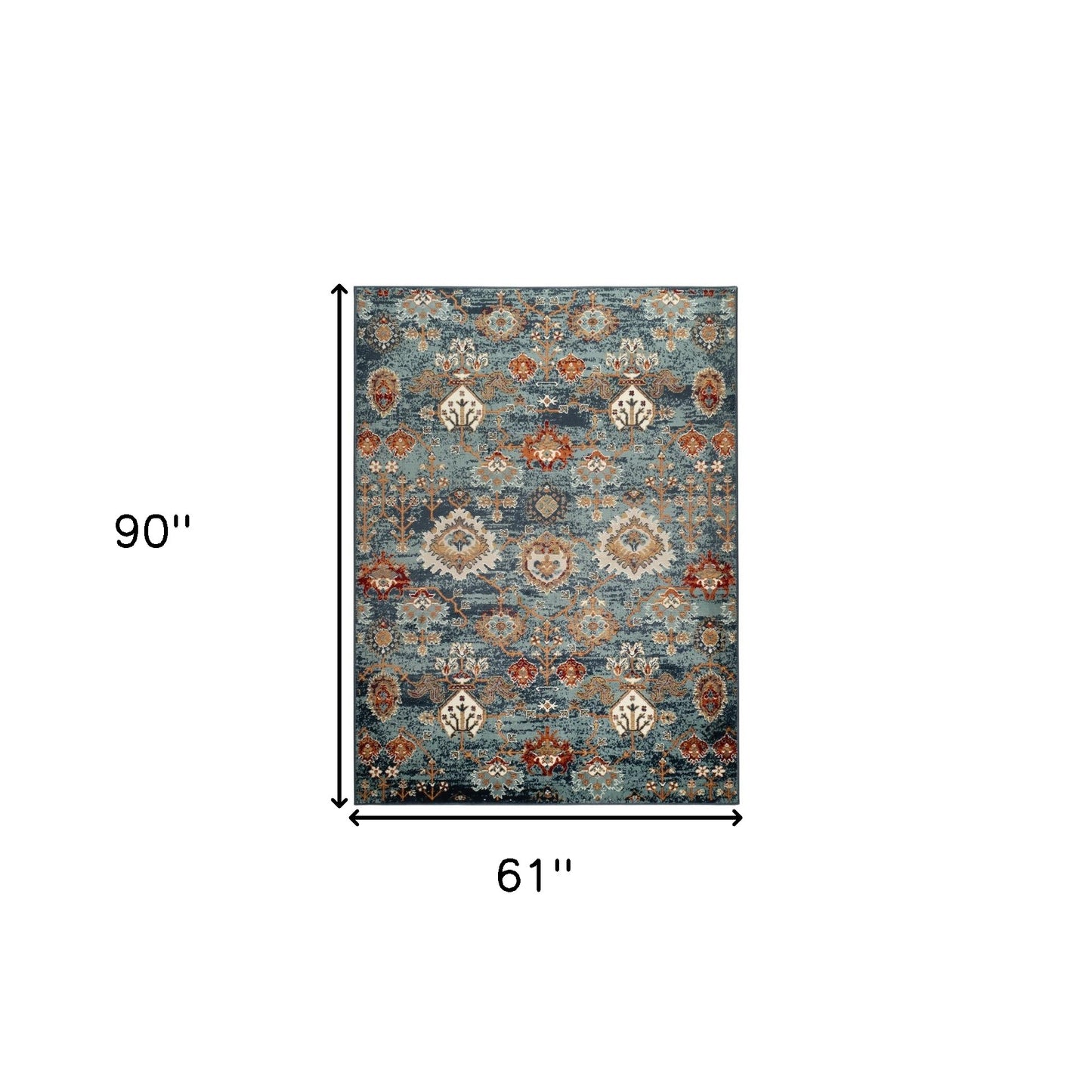 5' x 7' Teal Blue Oriental Power Loom Area Rug With Fringe