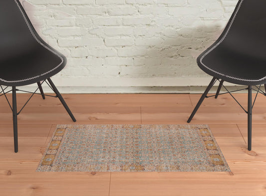 2' x 3' Blue and Orange Oriental Power Loom Distressed Area Rug