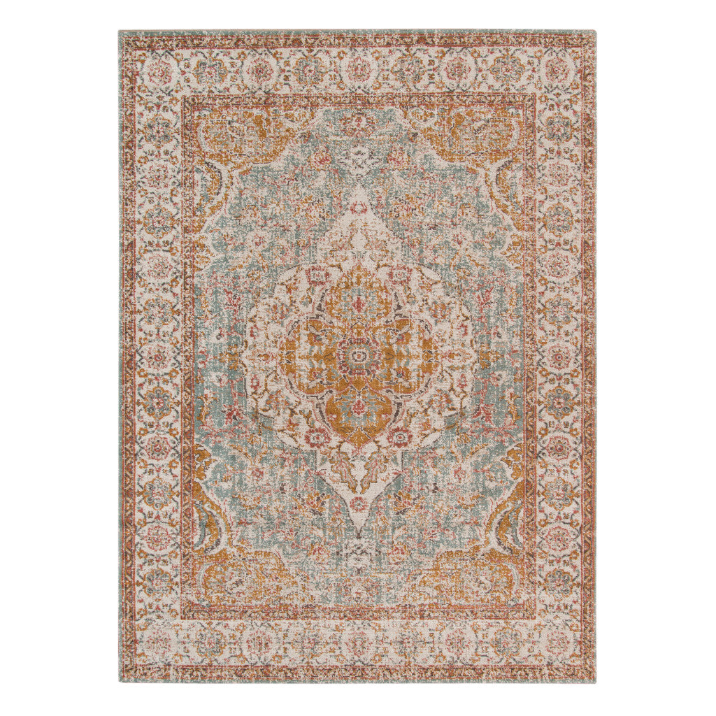 9' x 12' Blue and Orange Oriental Power Loom Distressed Area Rug