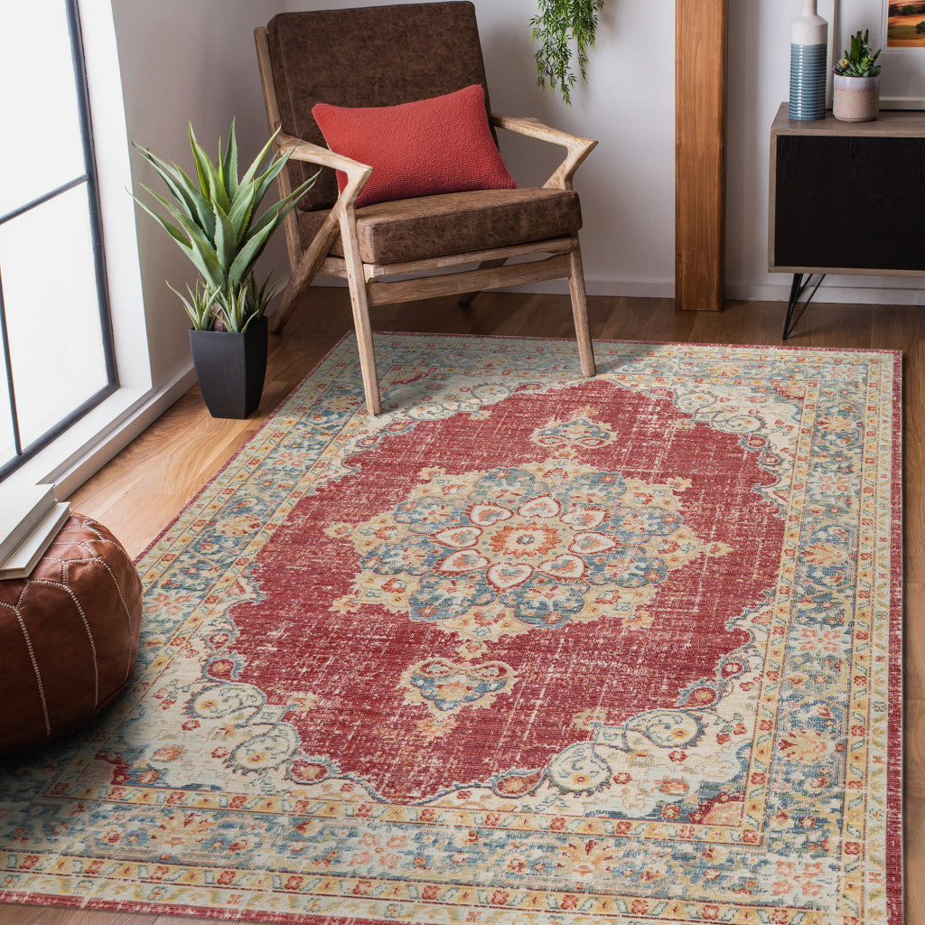 5' x 7' Red Medallion Power Loom Area Rug