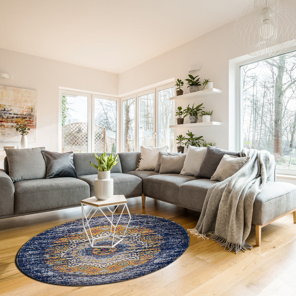 6' Blue and Orange Round Medallion Power Loom Area Rug