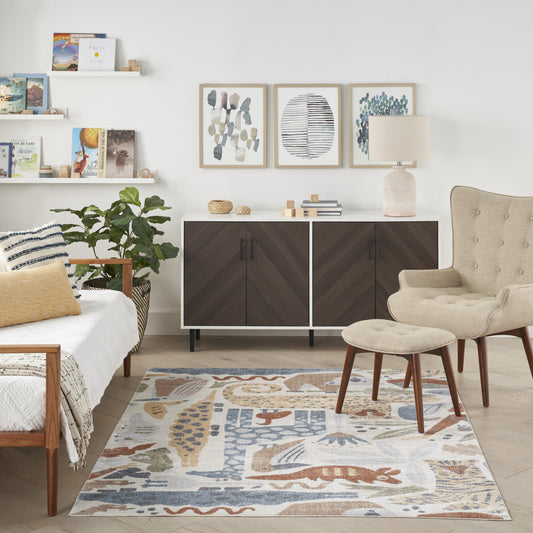 5' x 7' Ivory Blue and Gray Animal Print Washable Area Rug