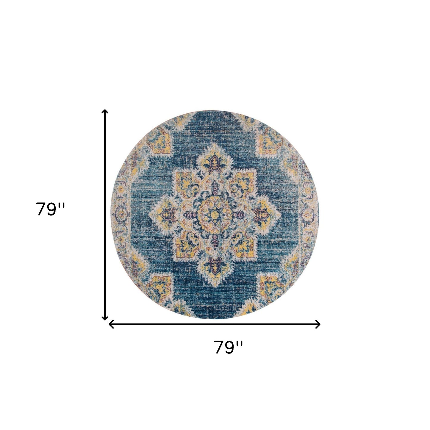 6' Teal Blue Round Medallion Power Loom Area Rug With Fringe