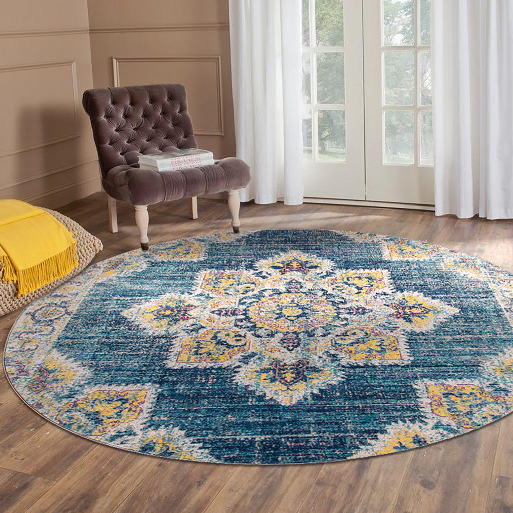 6' Teal Blue Round Medallion Power Loom Area Rug With Fringe