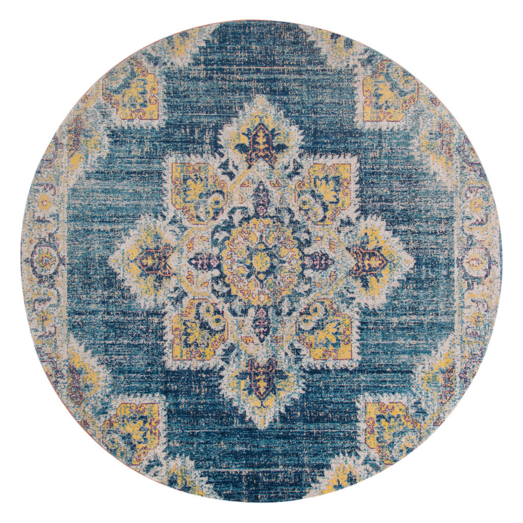 6' Teal Blue Round Medallion Power Loom Area Rug With Fringe