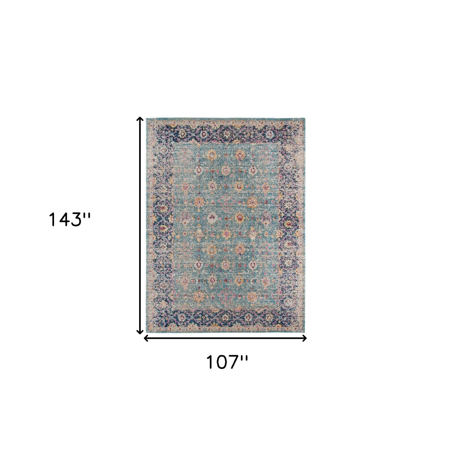 9' x 12' Teal Blue Floral Power Loom Area Rug With Fringe