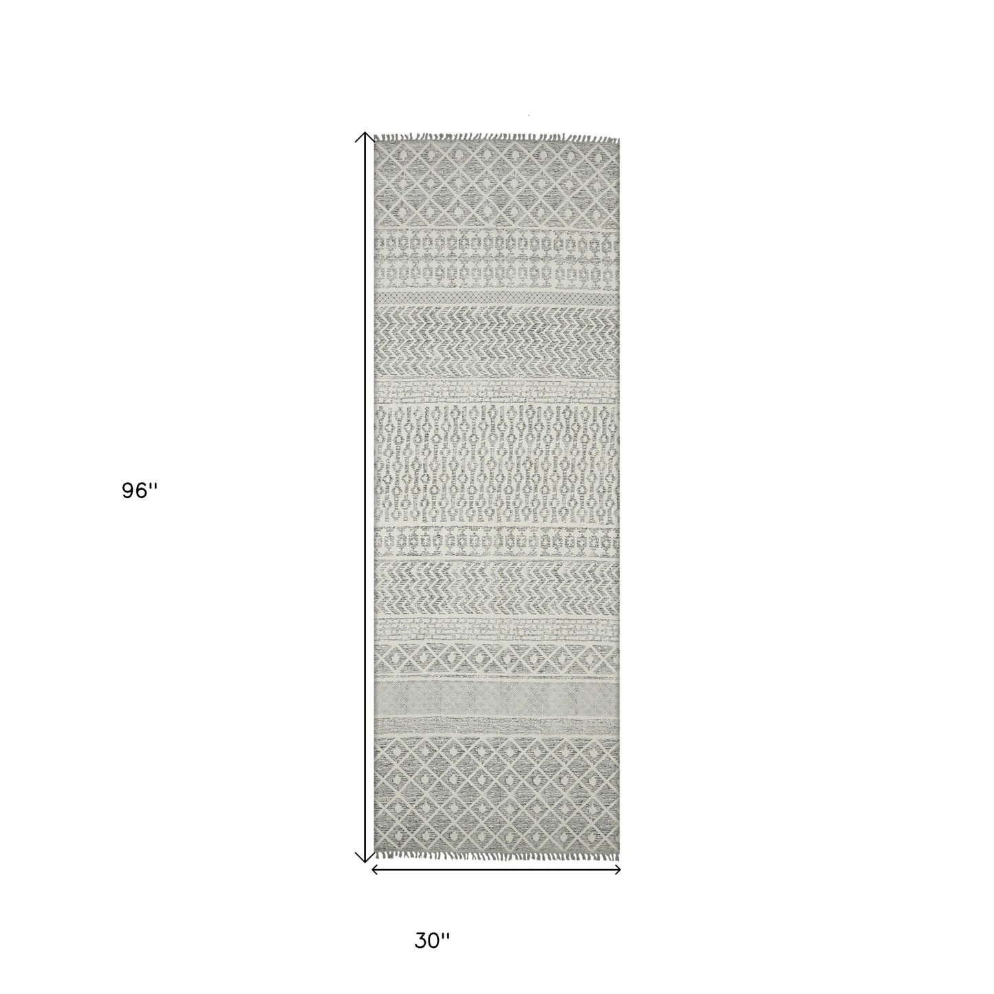 8' Gray Geometric Flatweave Handmade Distressed Runner Rug With Fringe
