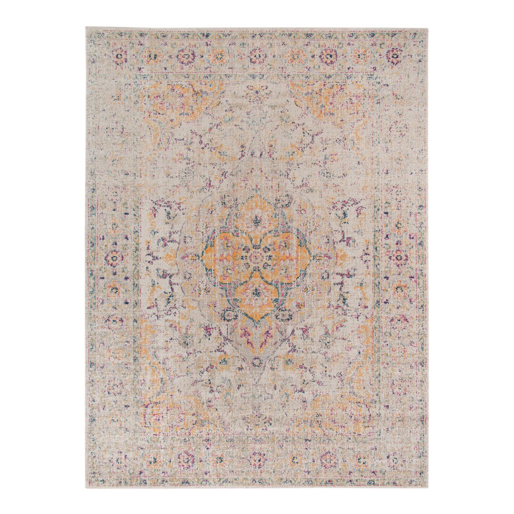 9' x 12' Yellow and Ivory Oriental Power Loom Distressed Area Rug