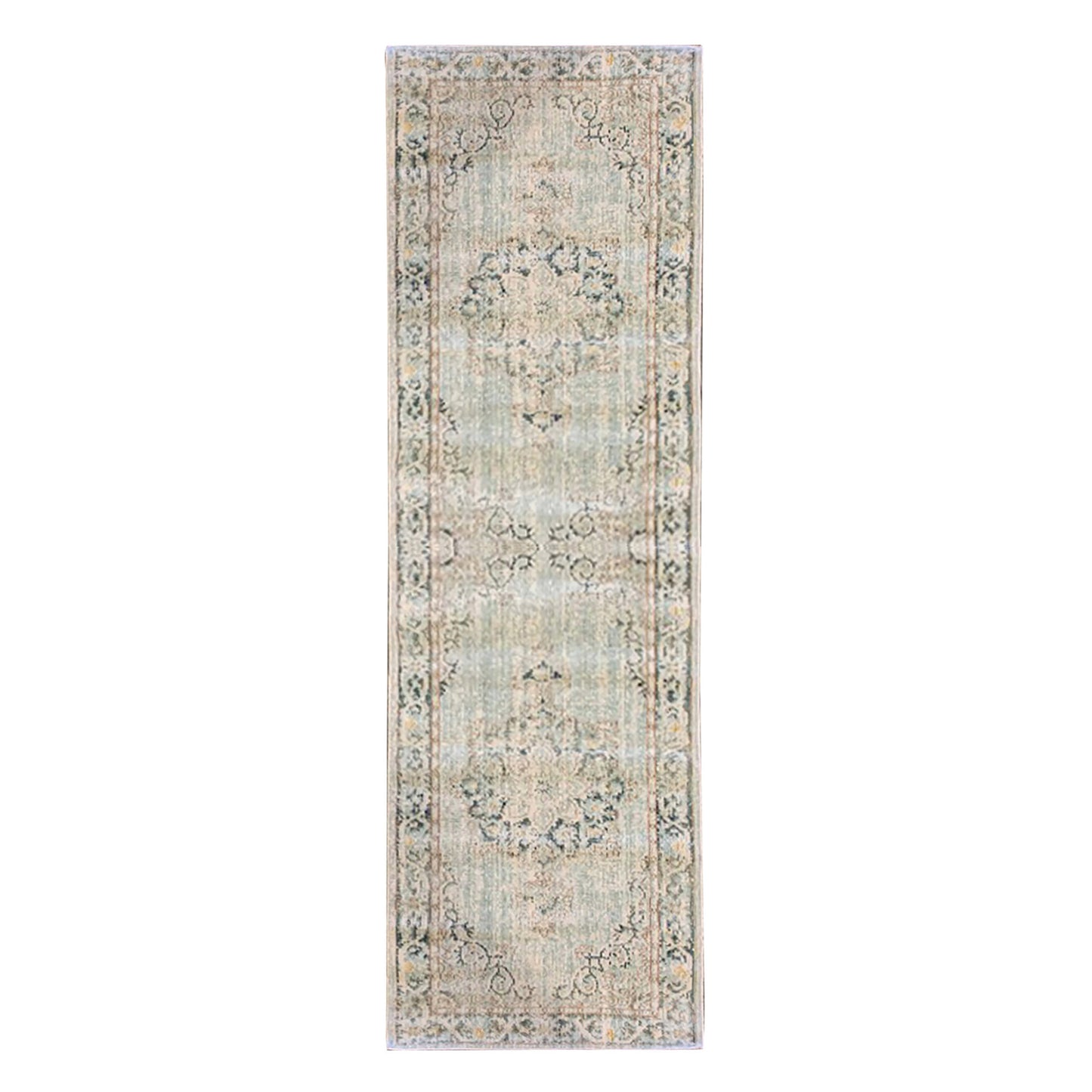 8' Sea Green Medallion Power Loom Runner Rug