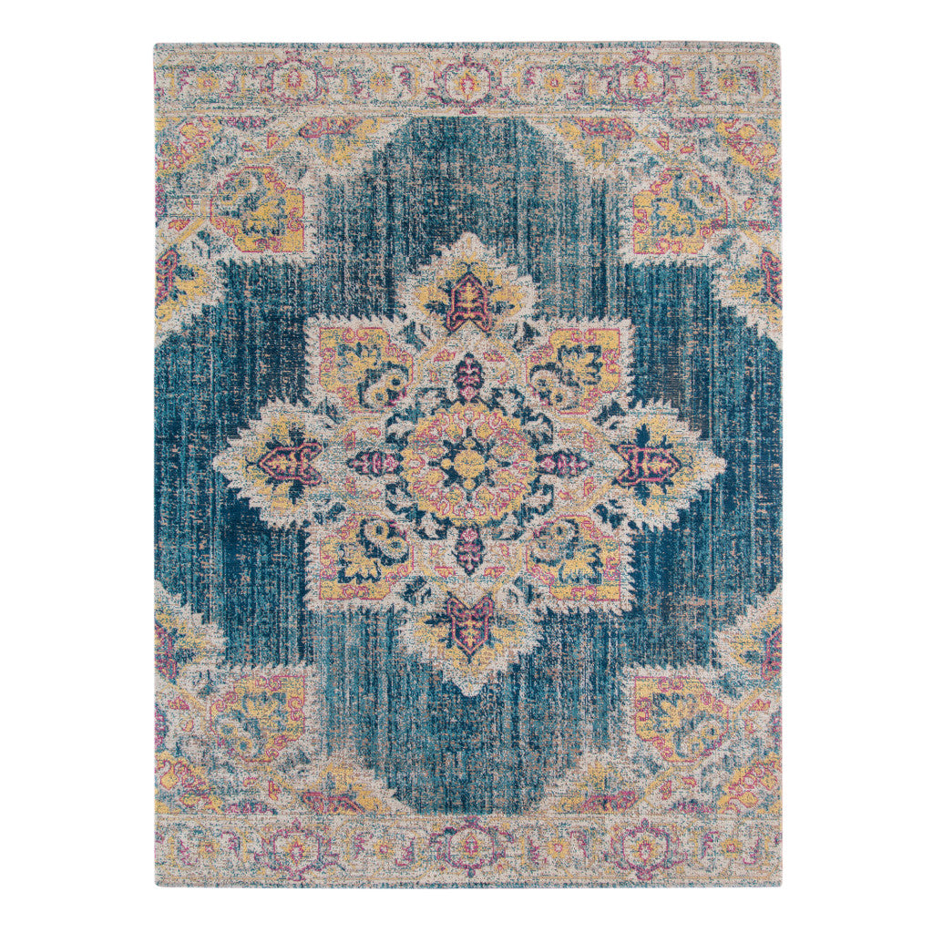 9' x 12' Teal Blue Medallion Power Loom Area Rug With Fringe