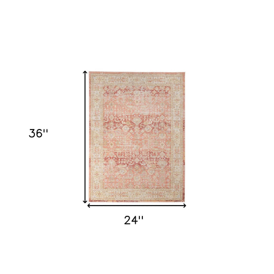 2' x 3' Red and Ivory Oriental Power Loom Distressed Area Rug