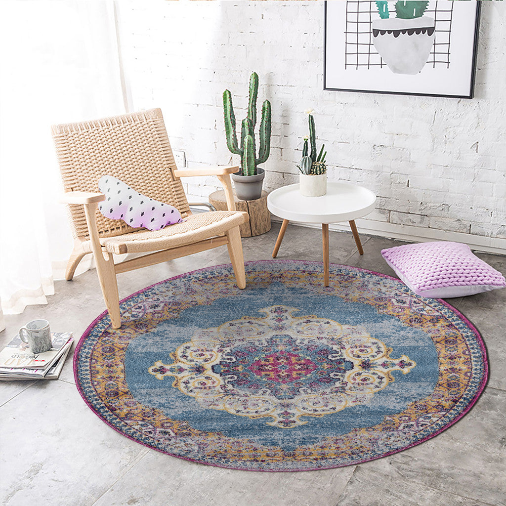 6' Blue and Orange Round Medallion Power Loom Area Rug