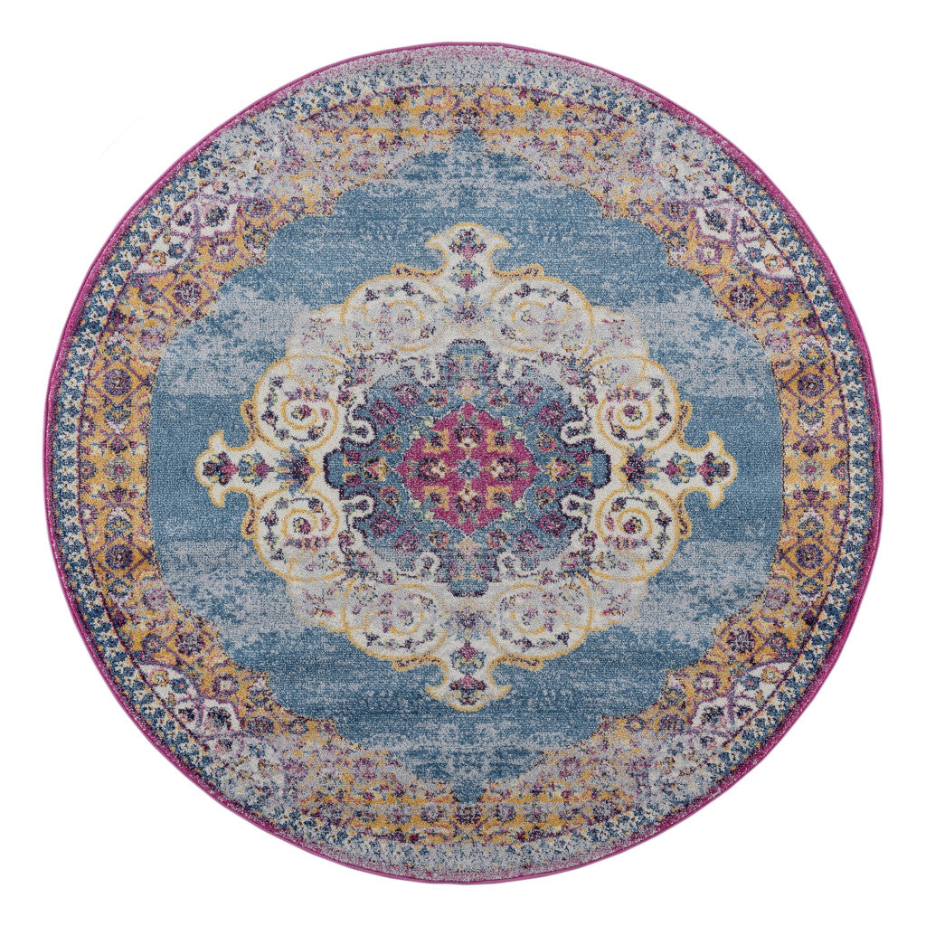 6' Blue and Orange Round Medallion Power Loom Area Rug