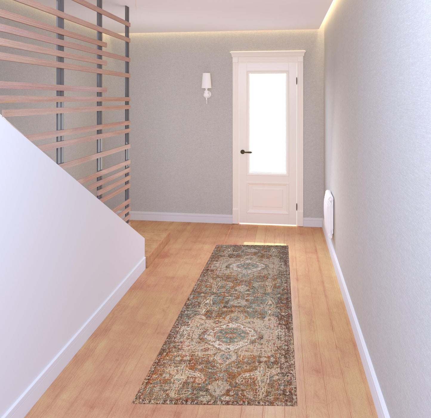 7' Taupe Medallion Power Loom Runner Rug With Fringe