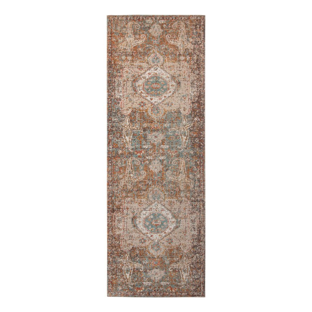 7' Taupe Medallion Power Loom Runner Rug With Fringe