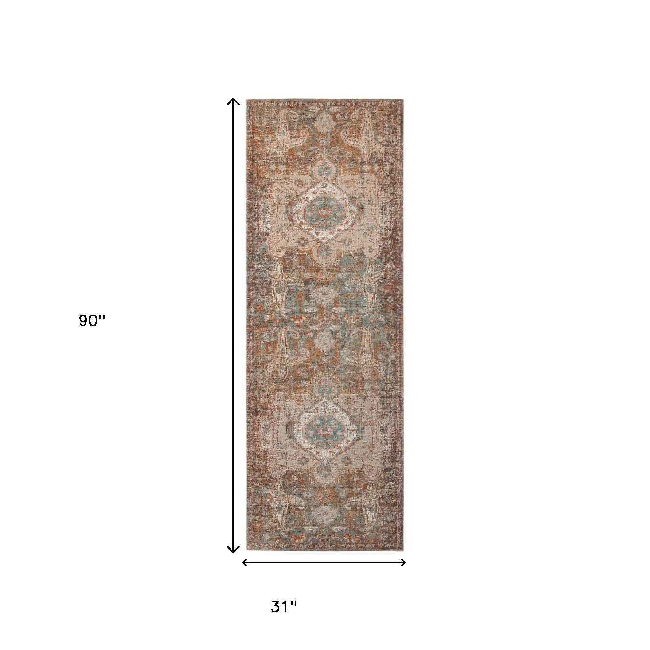 7' Taupe Medallion Power Loom Runner Rug With Fringe