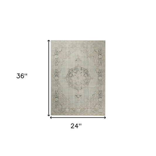 2' x 3' Green and Brown Medallion Power Loom Distressed Area Rug