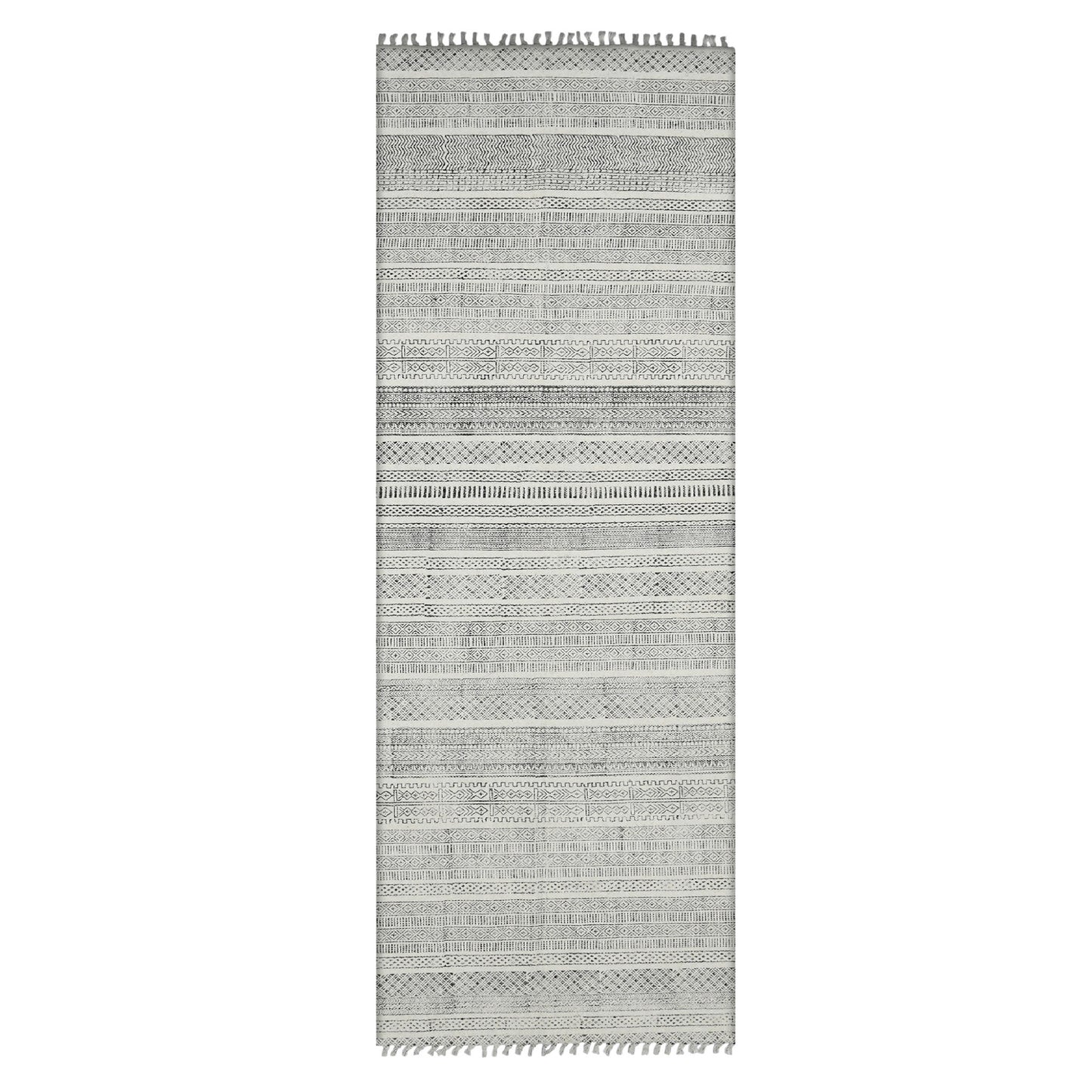 8' Charcoal Geometric Flatweave Handmade Distressed Runner Rug