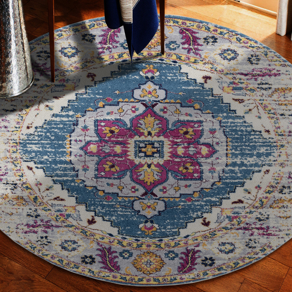 6' Blue and Pink Round Medallion Power Loom Area Rug