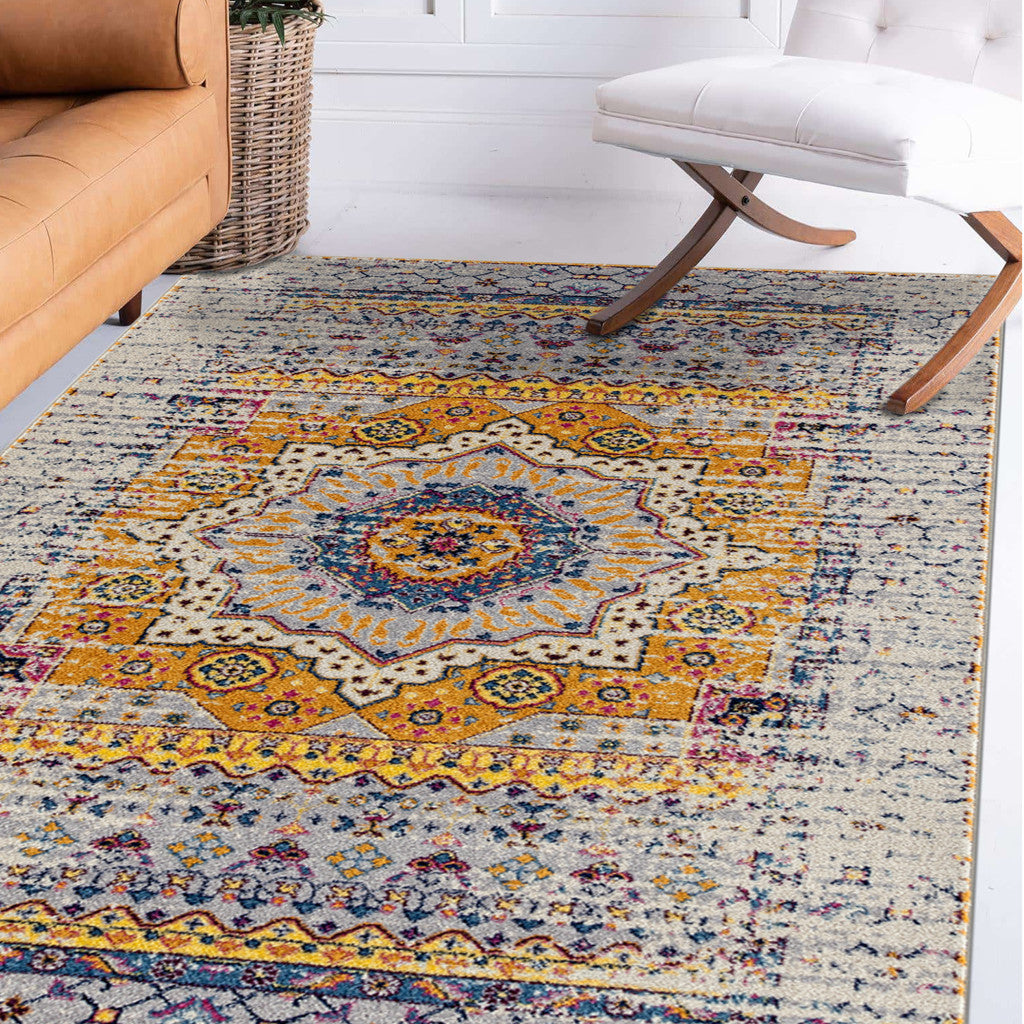 5' x 8' Orange and Ivory Medallion Power Loom Area Rug
