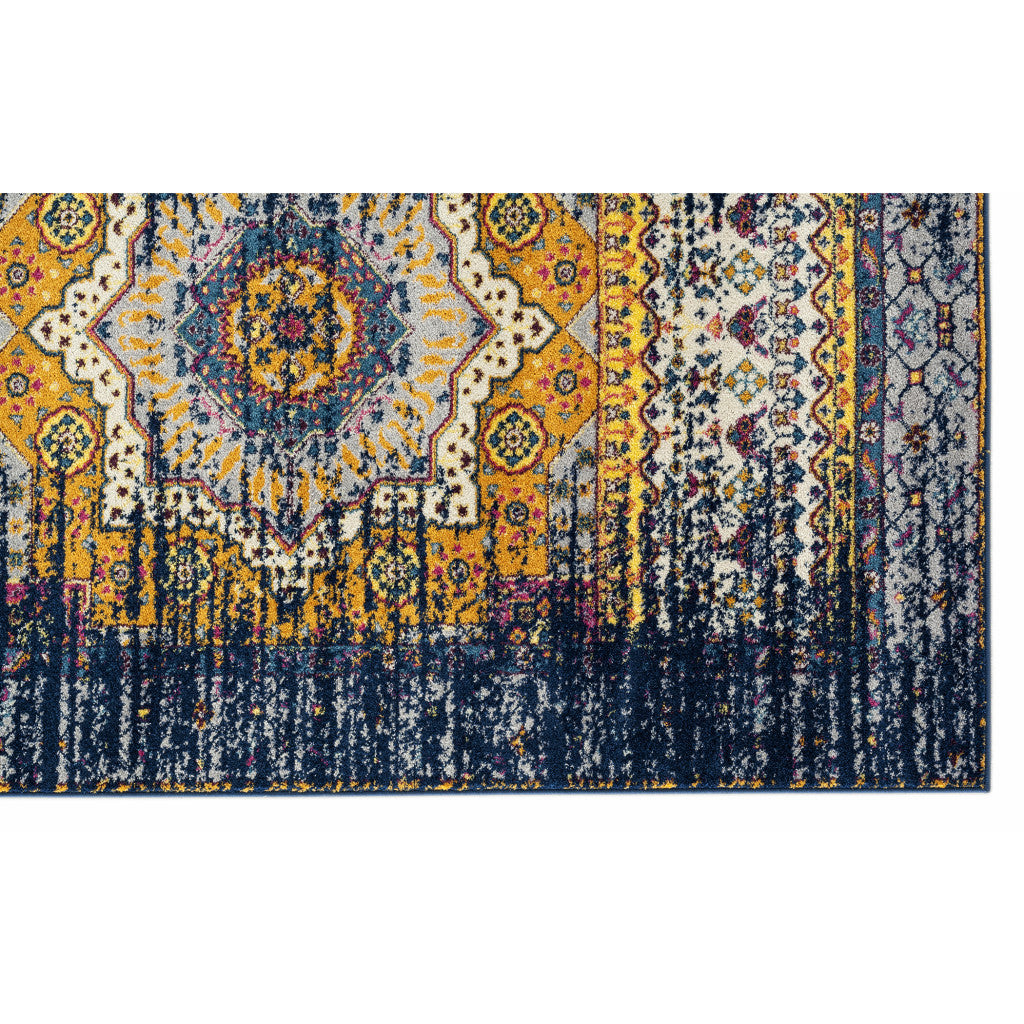 6' Blue and Orange Medallion Power Loom Runner Rug