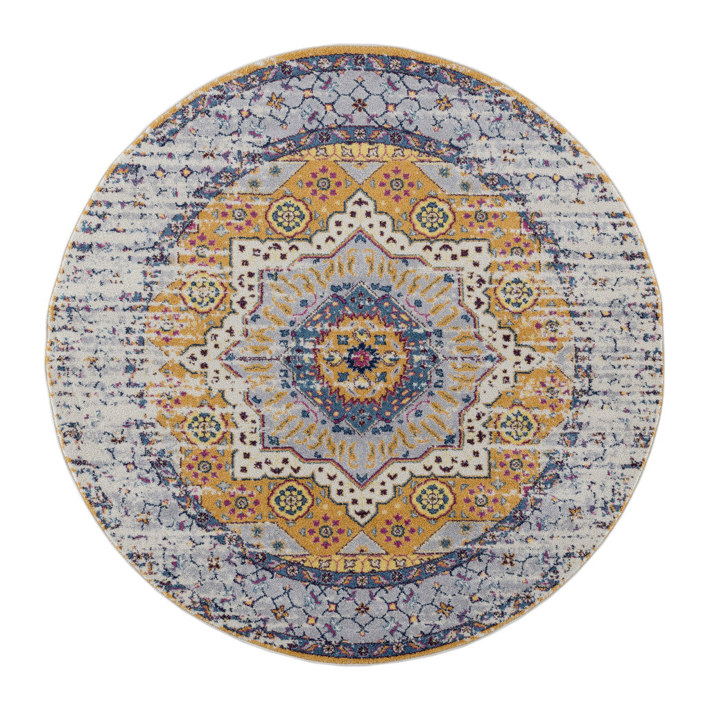 6' Orange and Ivory Round Medallion Power Loom Area Rug