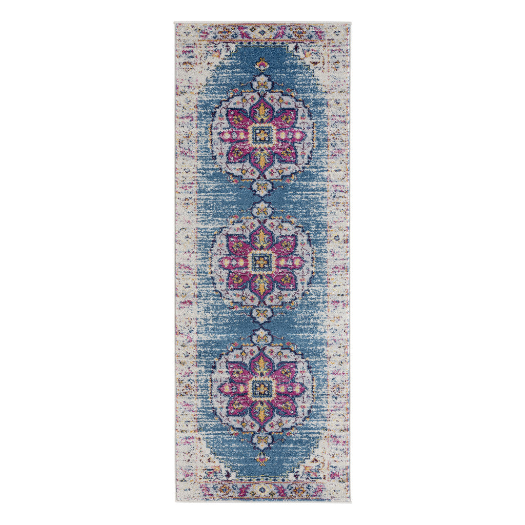 7' Blue and Pink Medallion Power Loom Runner Rug