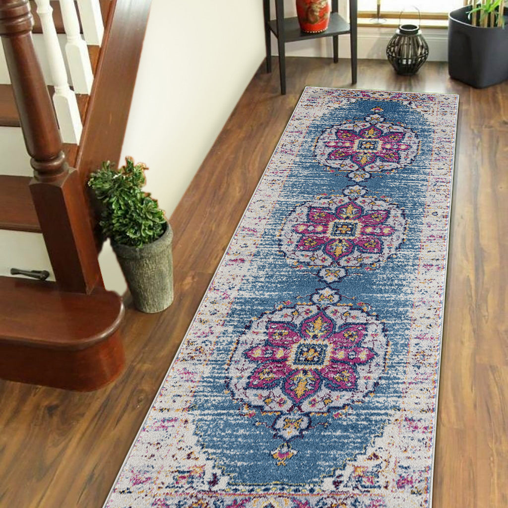 7' Blue and Pink Medallion Power Loom Runner Rug