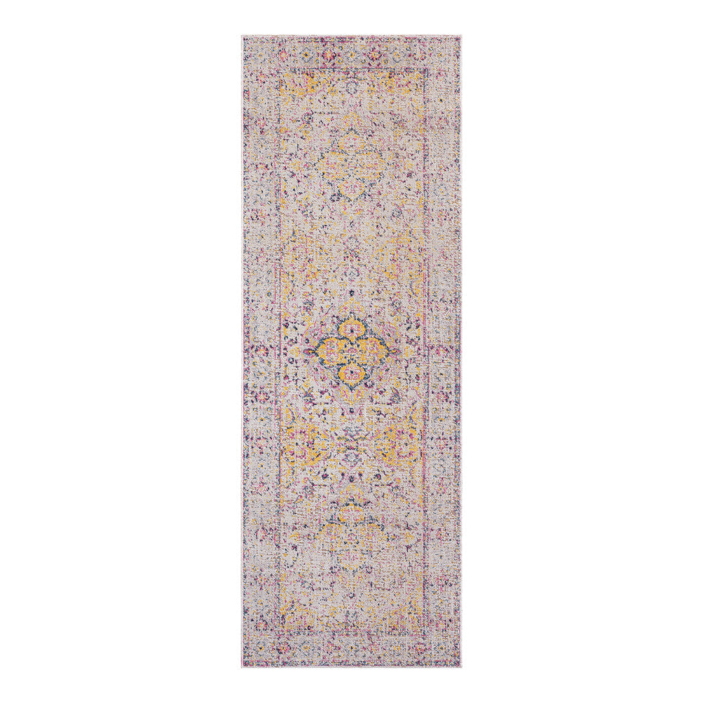 7' Yellow and Ivory Oriental Power Loom Runner Rug With Fringe