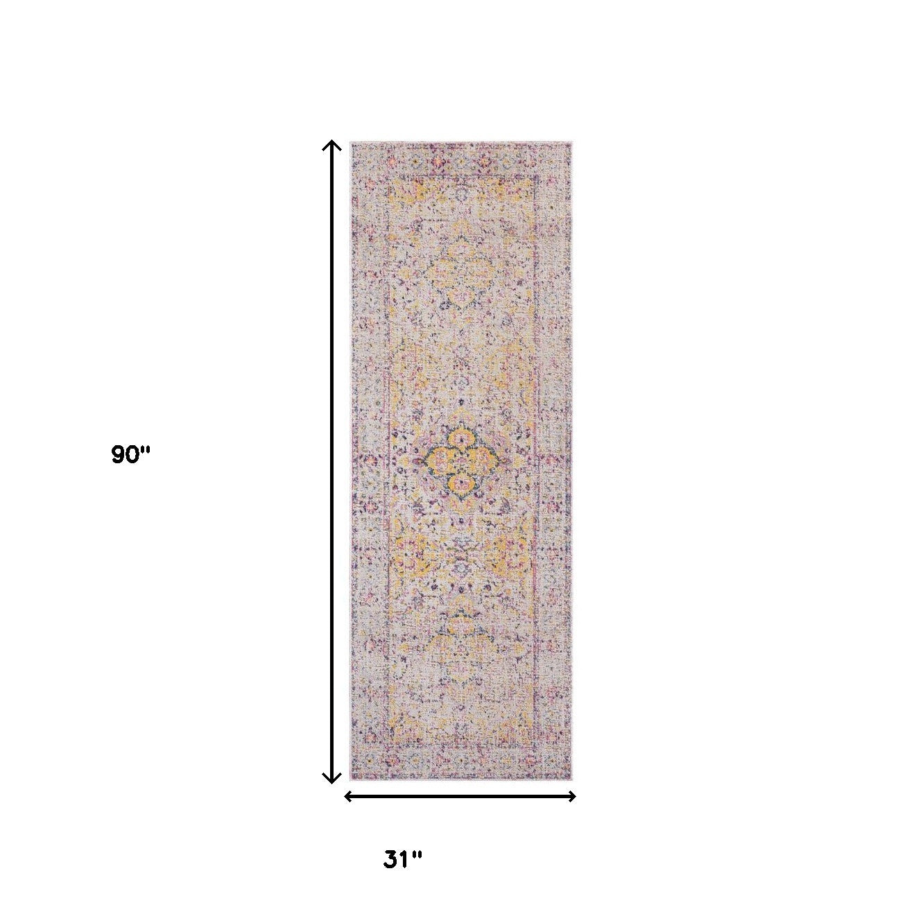 7' Yellow and Ivory Oriental Power Loom Runner Rug With Fringe