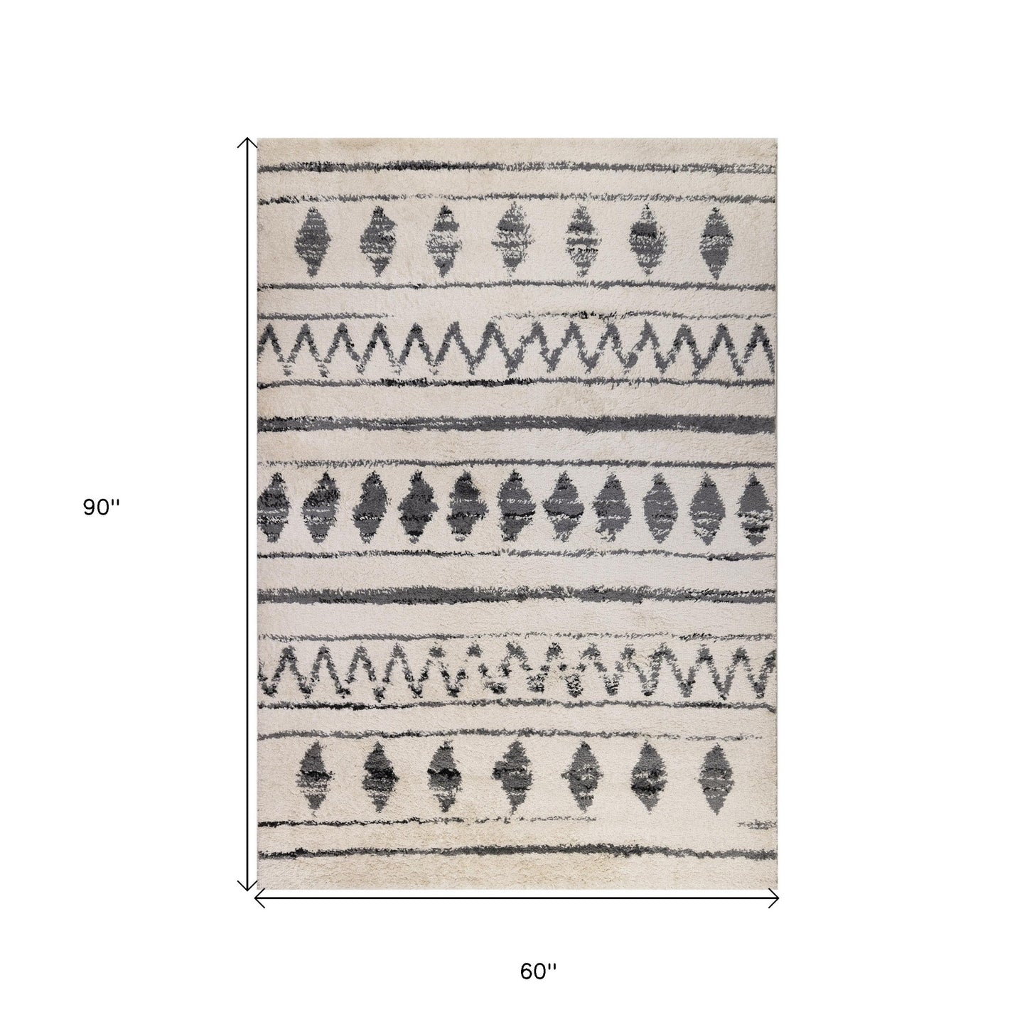 5' x 8' Black and Off White Geometric Shag Area Rug
