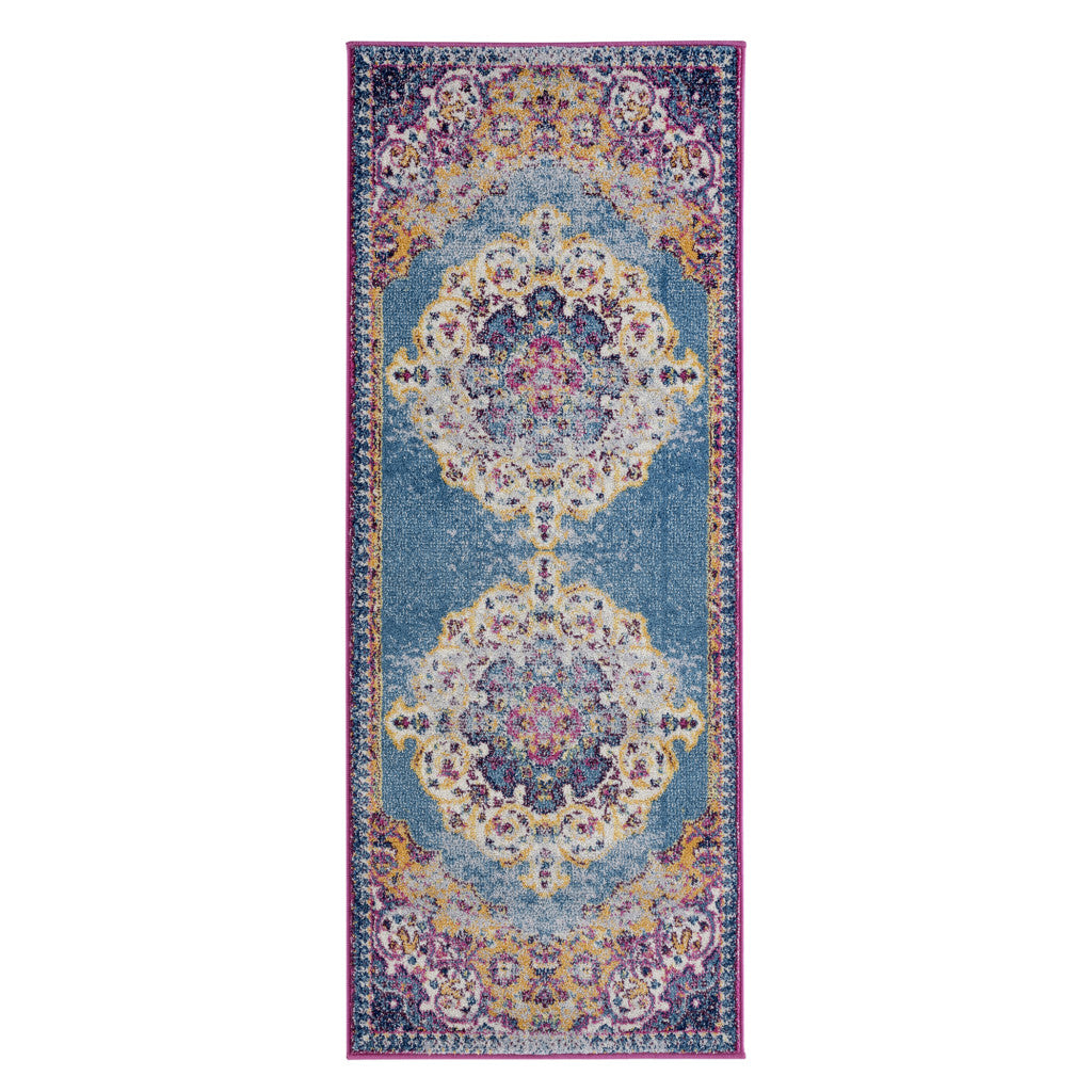 6' Blue and Orange Medallion Power Loom Runner Rug