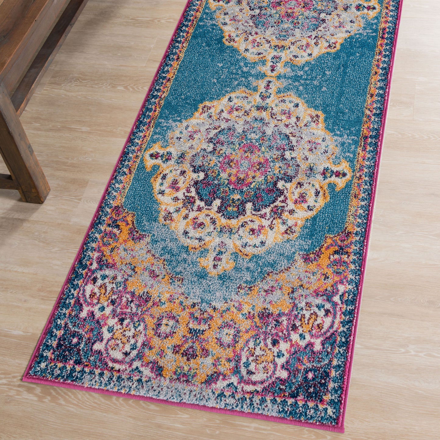 6' Blue and Orange Medallion Power Loom Runner Rug