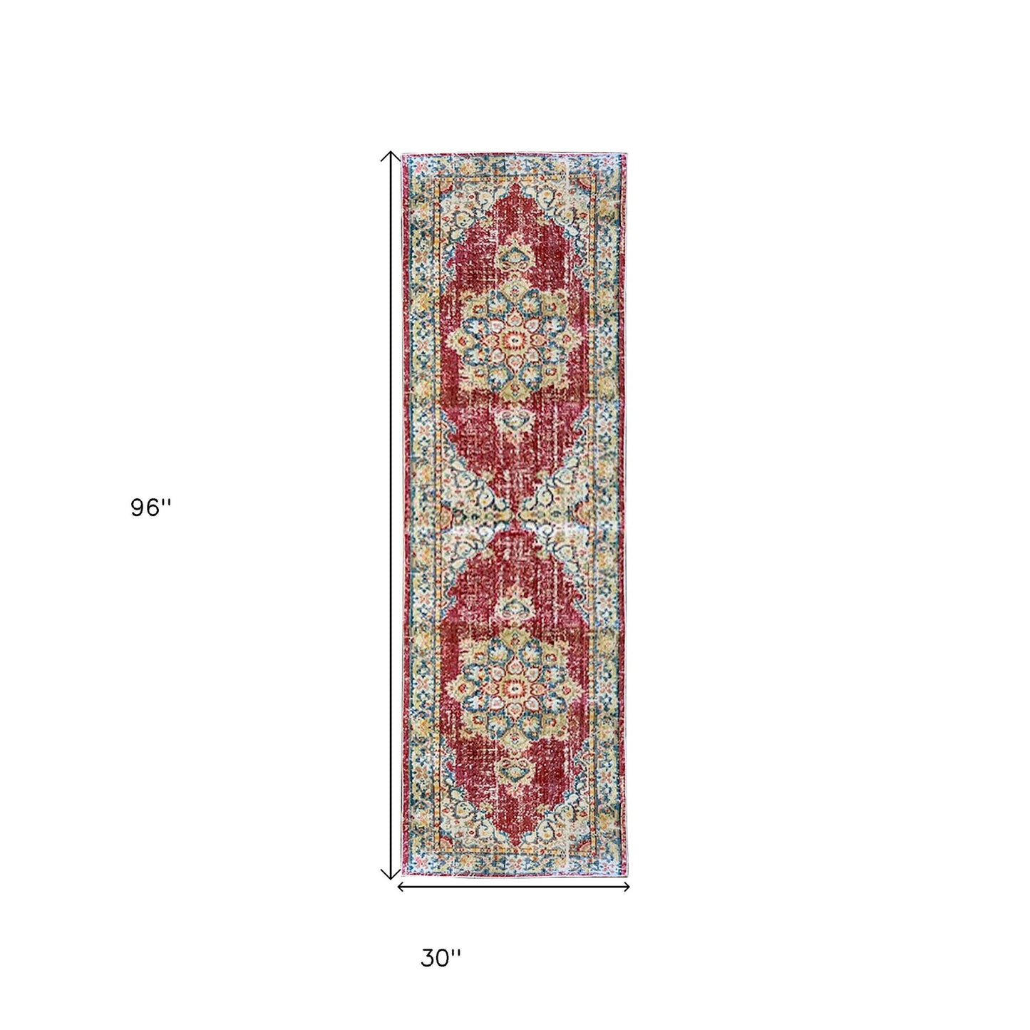 8' Red Medallion Power Loom Runner Rug