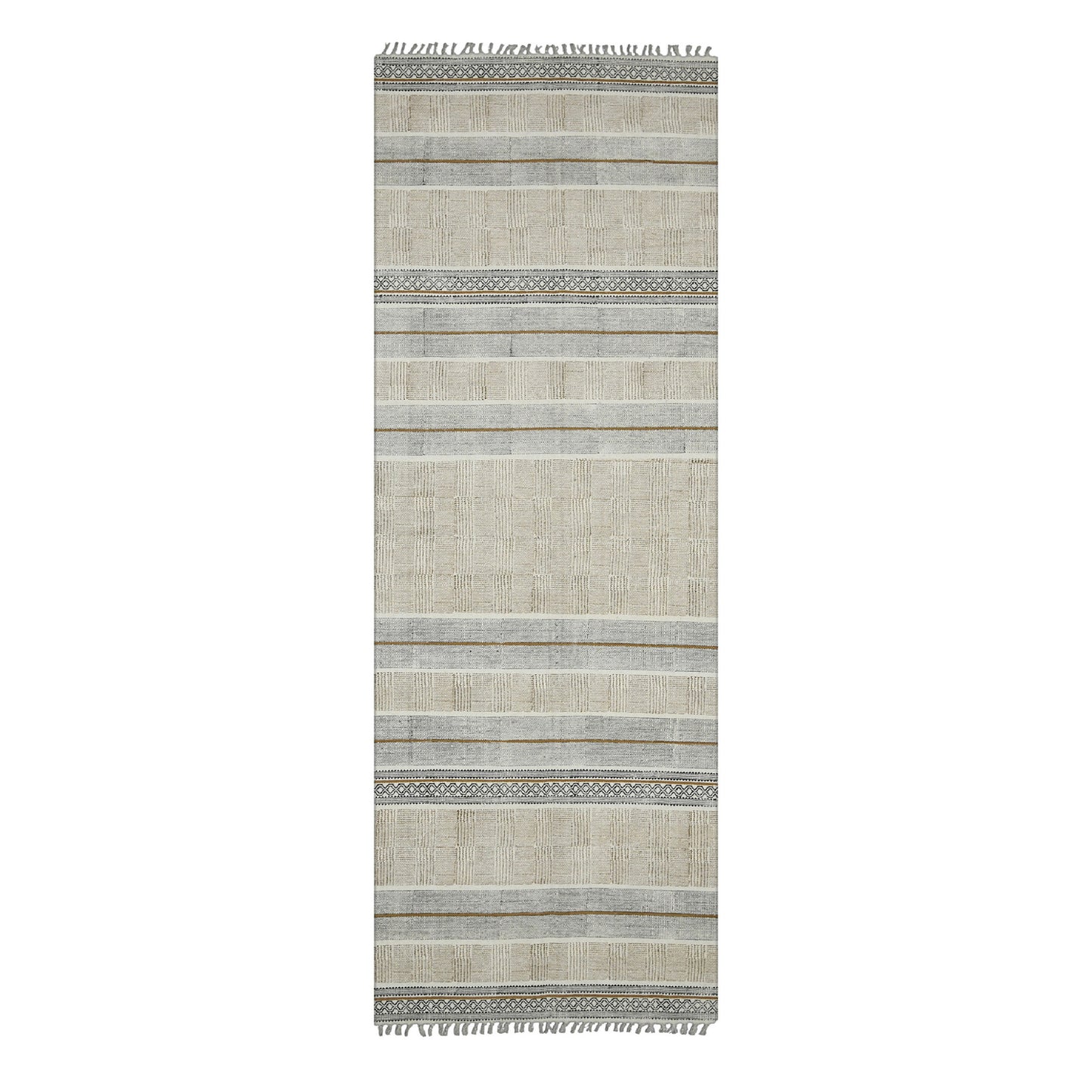 8' Brown Geometric Flatweave Handmade Distressed Runner Rug With Fringe