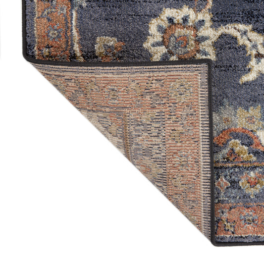 9' x 12' Navy Blue Floral Power Loom Area Rug With Fringe
