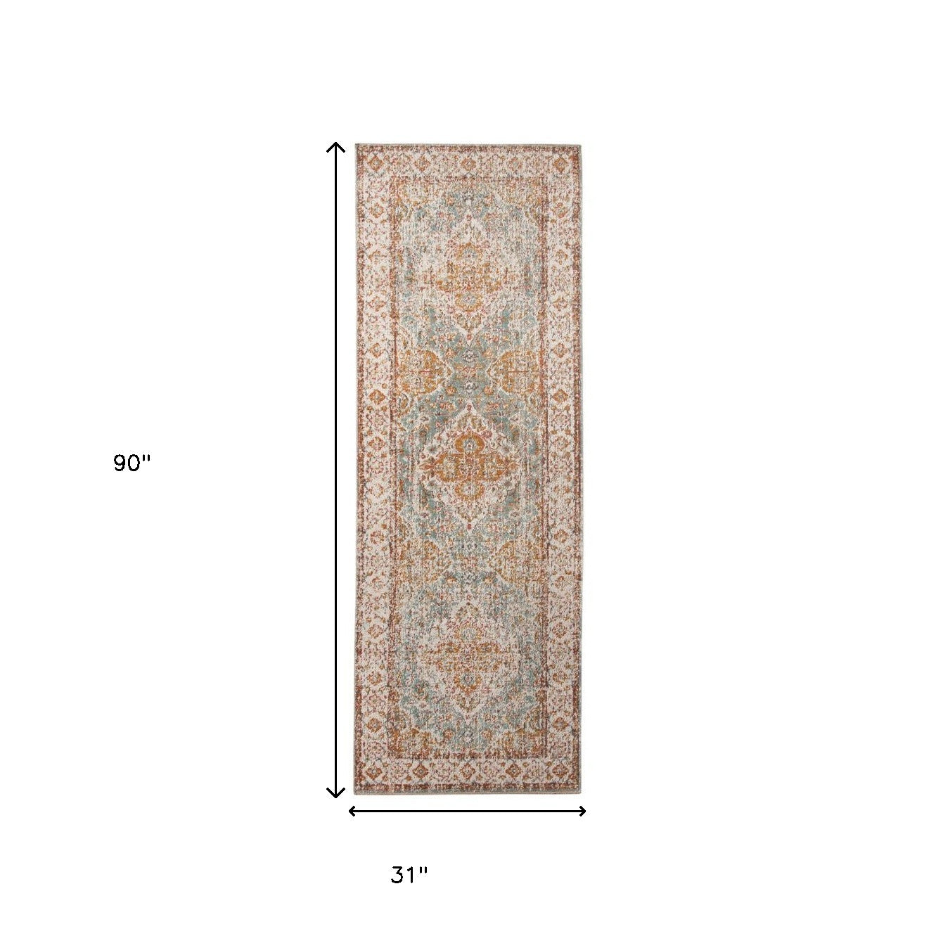7' Blue Oriental Power Loom Runner Rug With Fringe
