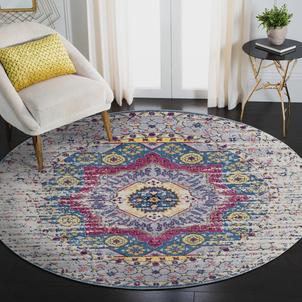 6' Pink and Ivory Round Medallion Power Loom Area Rug