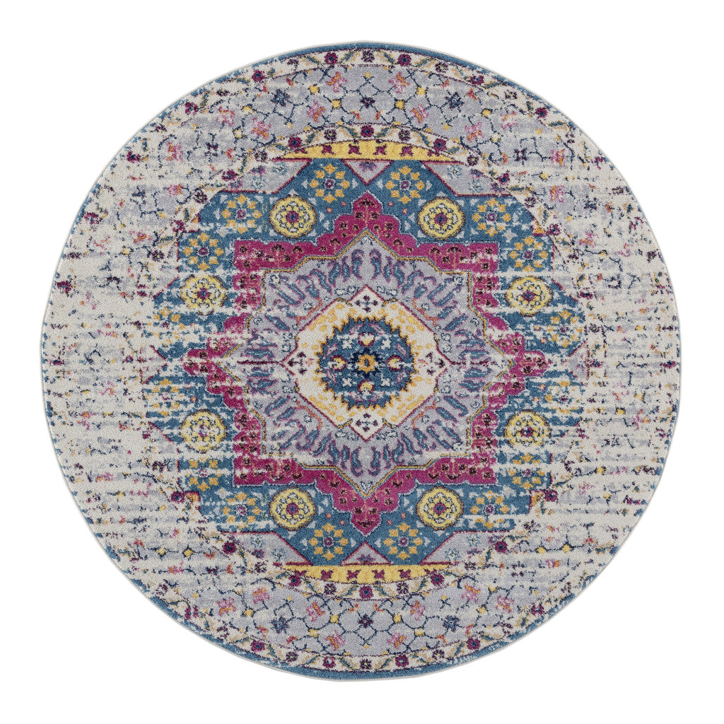 6' Pink and Ivory Round Medallion Power Loom Area Rug