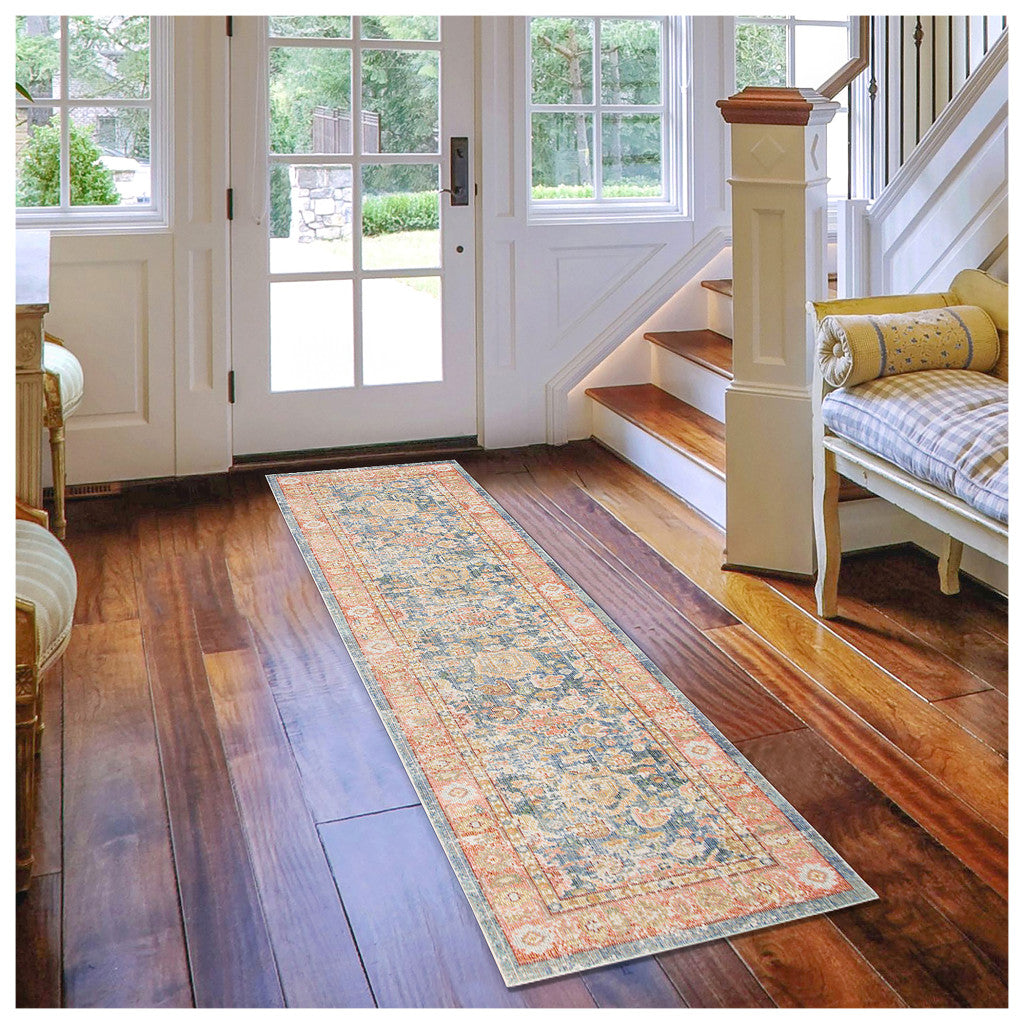 8' Blue Floral Power Loom Runner Rug