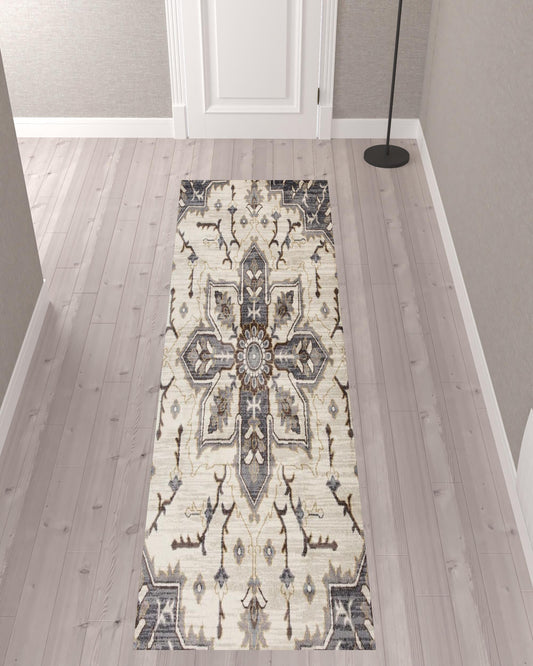 10' Ivory and Blue Medallion Power Loom Runner Rug