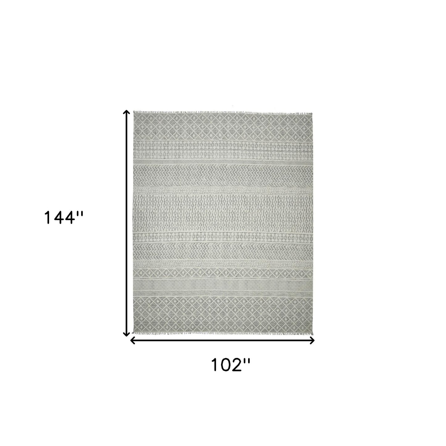 8' X 12' Gray Geometric Flatweave Handmade Distressed Area Rug With Fringe