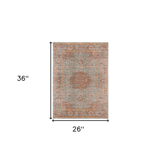 2' x 3' Sea Green Medallion Power Loom Area Rug With Fringe