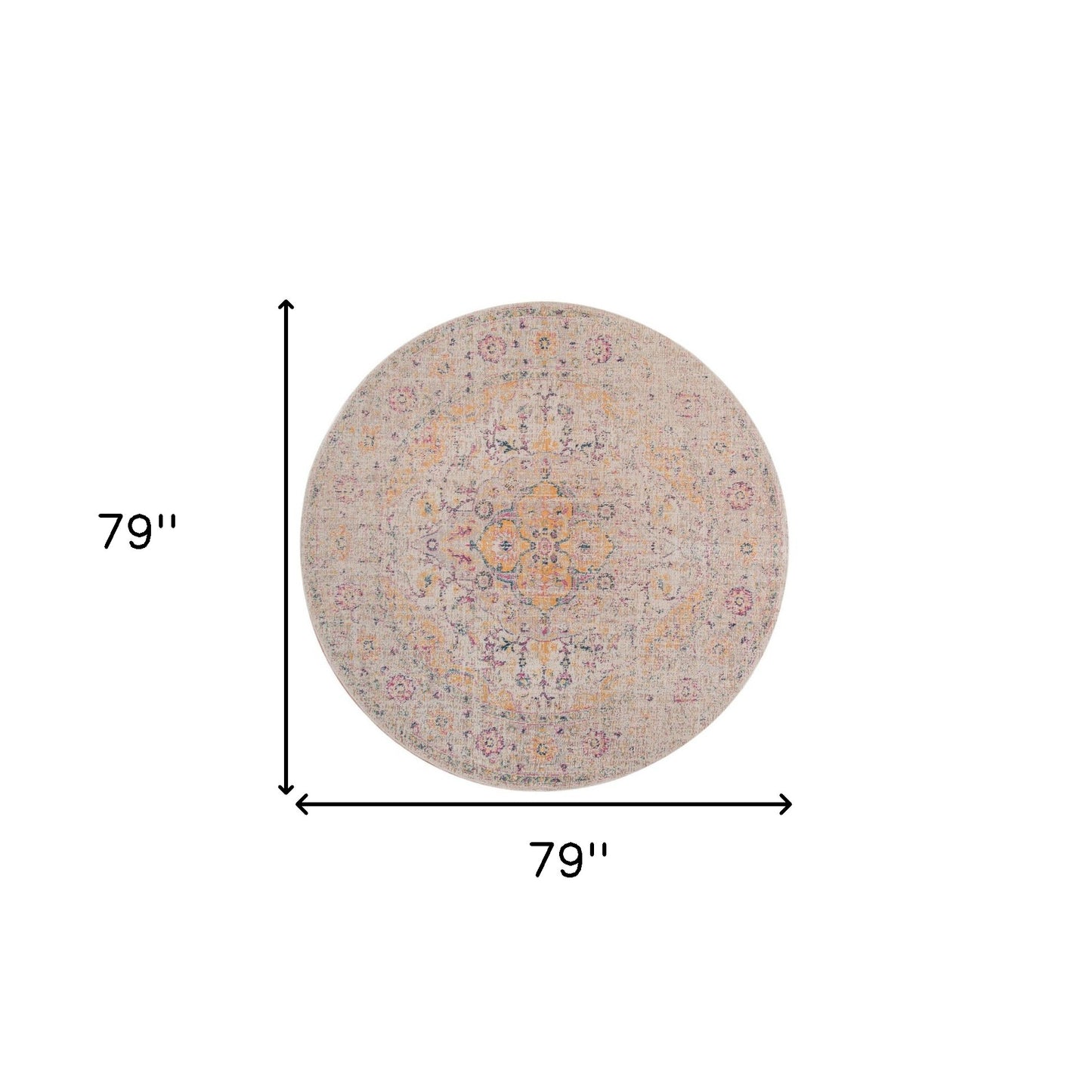 6' Yellow and Ivory Round Oriental Power Loom Distressed Area Rug