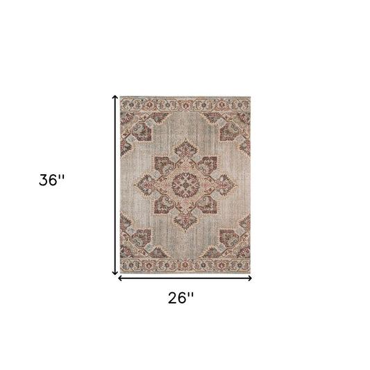 2' x 3' Beige Medallion Power Loom Area Rug With Fringe