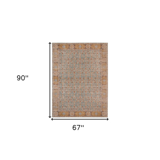 5' x 7' Teal Blue Floral Power Loom Area Rug With Fringe