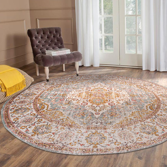 6' Blue and Orange Round Oriental Power Loom Distressed Area Rug
